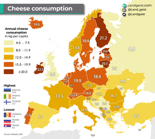 Потребления сыра в разных странах Европы